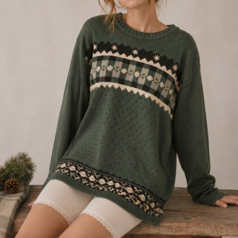 Vintage 1990s Fair Isle Sweater Nordic Green Cotton Small Rustic Cabin Heritage